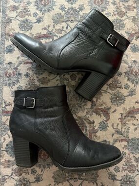Clarks Black Leather Heeled Ankle Boots with Buckle